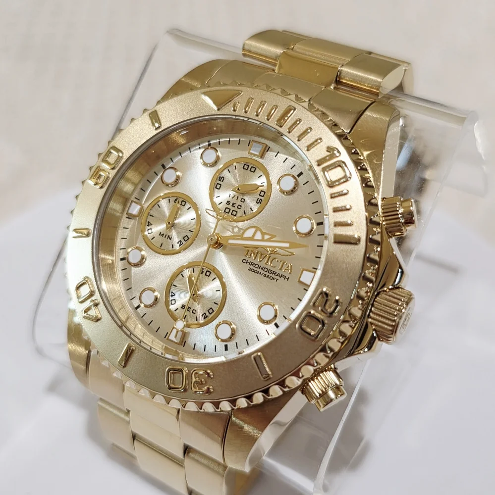 Invicta Pro Diver Chronograph Gold Men's Watch #1774 Large MSRP $695 Running